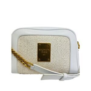 BALMAIN White Cotton Gold Plaque Logo Accent Zip Shoulder Bag